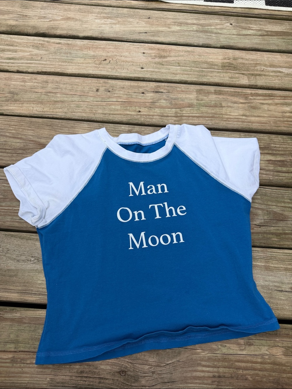 Meagan Moroney-  Blue and White Raglan Women’s Stretchy Tee - 'Man On The Moon'